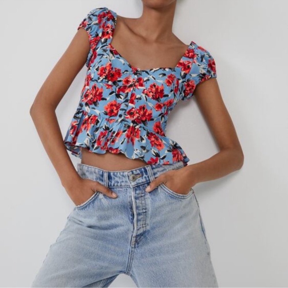 Zara Women’s Floral Blue and Red Crop Top Size Medium